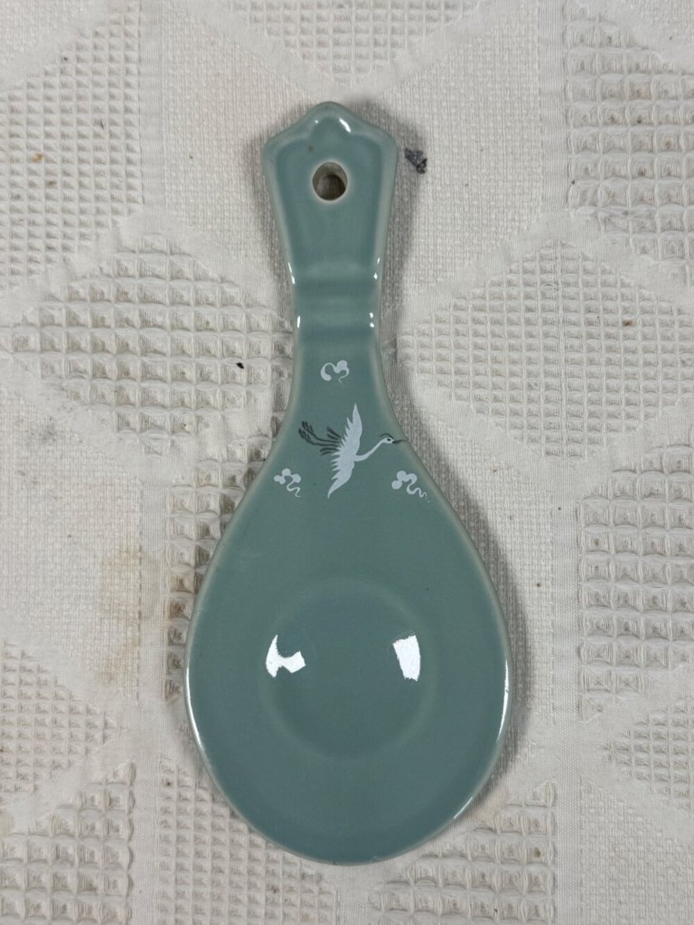 Vintage Ceramic Spoon Rest w Crane and Cloud Design In Sage Green Retro Kitchen